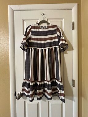 SHEIN Brown, Black & White Striped Asymmetrical Tiered Dress